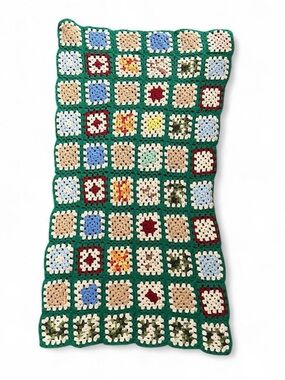 Handmade Crochet Granny Square Throw in Green with Multicolor Accents